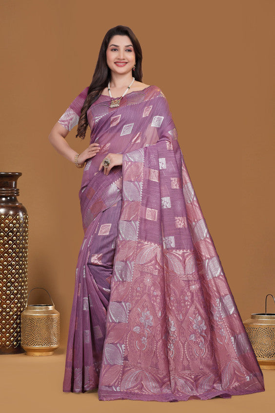 Self Design woven sari Pink