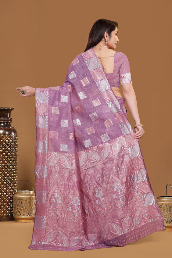 Self Design woven sari Pink