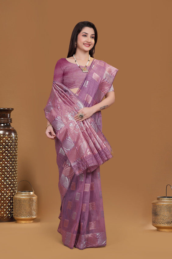 Self Design woven sari Pink