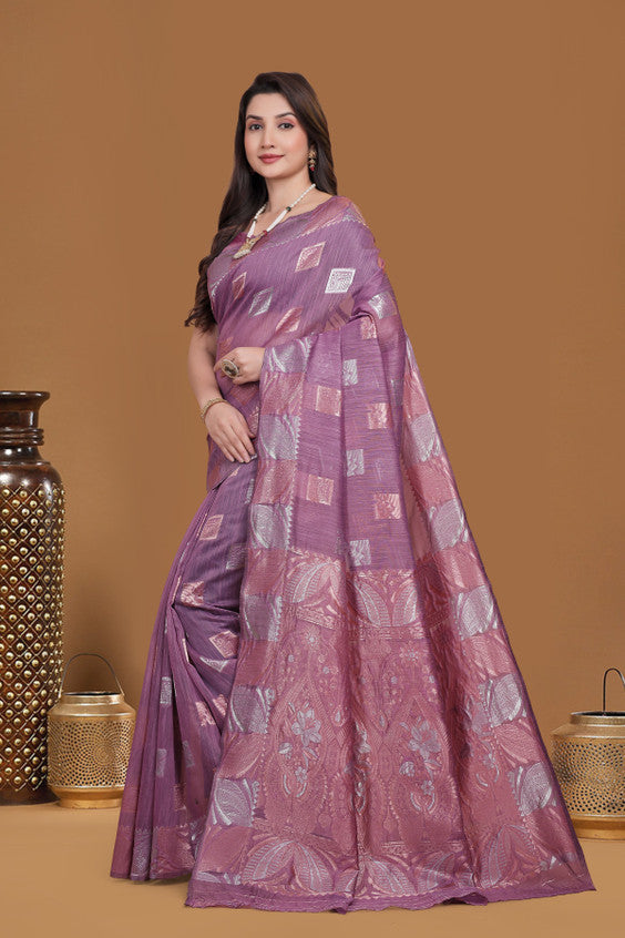 Self Design woven sari Pink